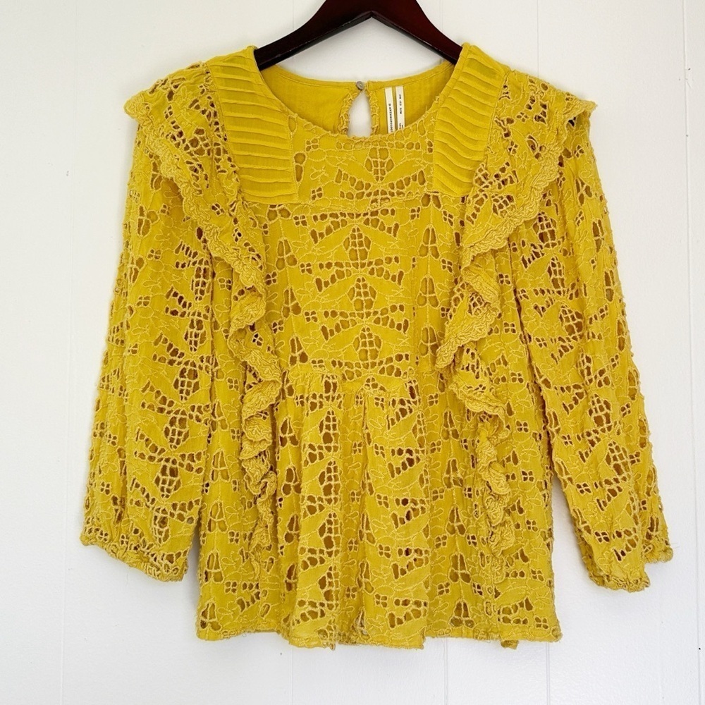 ANTHROPOLOGIE Clementine Blouse Eyelet Ruffle Puffed Sleeve Top Size 2
